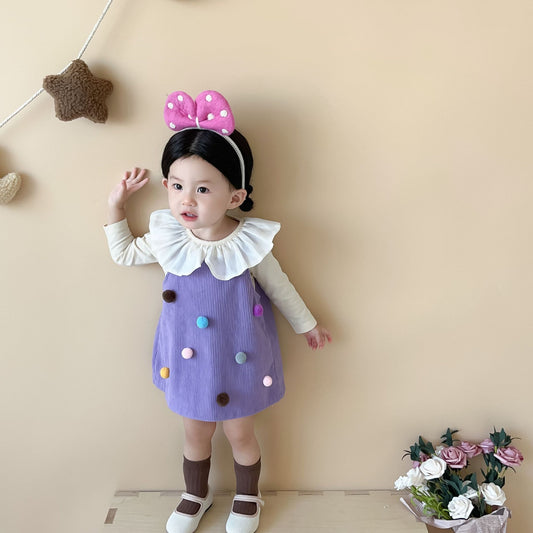 Q7099韓版甜美娃娃領上衣彩色球球條絨背心裙套裝2309
