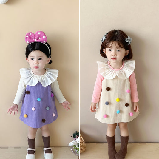 Q7099韓版甜美娃娃領上衣彩色球球條絨背心裙套裝2309